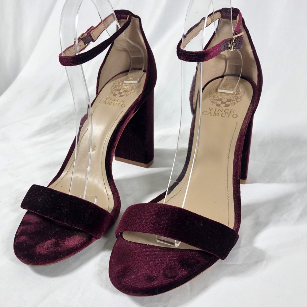 Vince Camuto garnet red velvet heels ankle strap holiday Christmas red shoes 9.5 - Picture 4 of 8